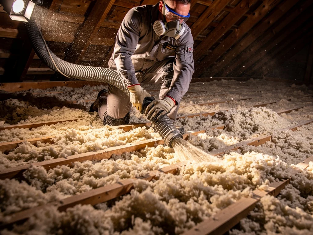 Soufflage de laine minérale en vrac sur le plancher de combles perdus