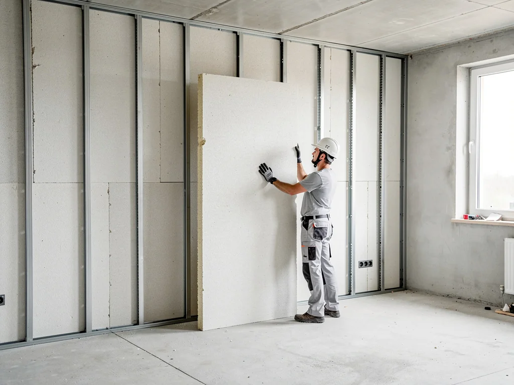 Panneaux isolants fixés sur ossature contre un mur intérieur