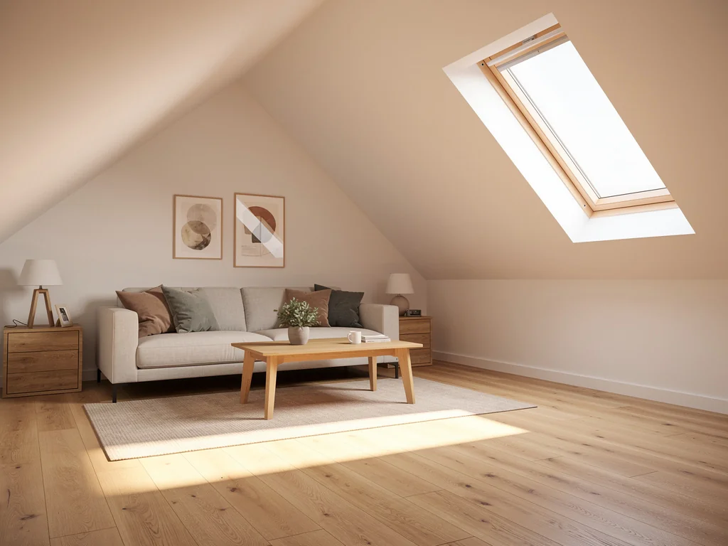 Combles aménagés et isolés, pièce lumineuse sous rampants après travaux